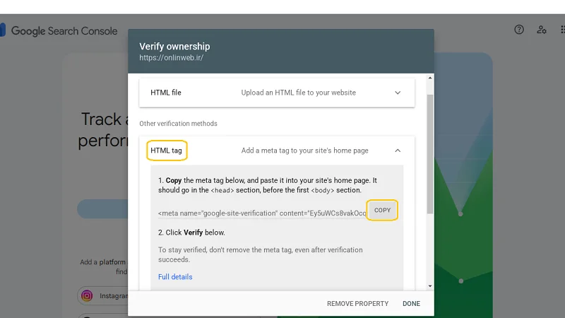 تأیید مالکیت سایت با HTML Tag